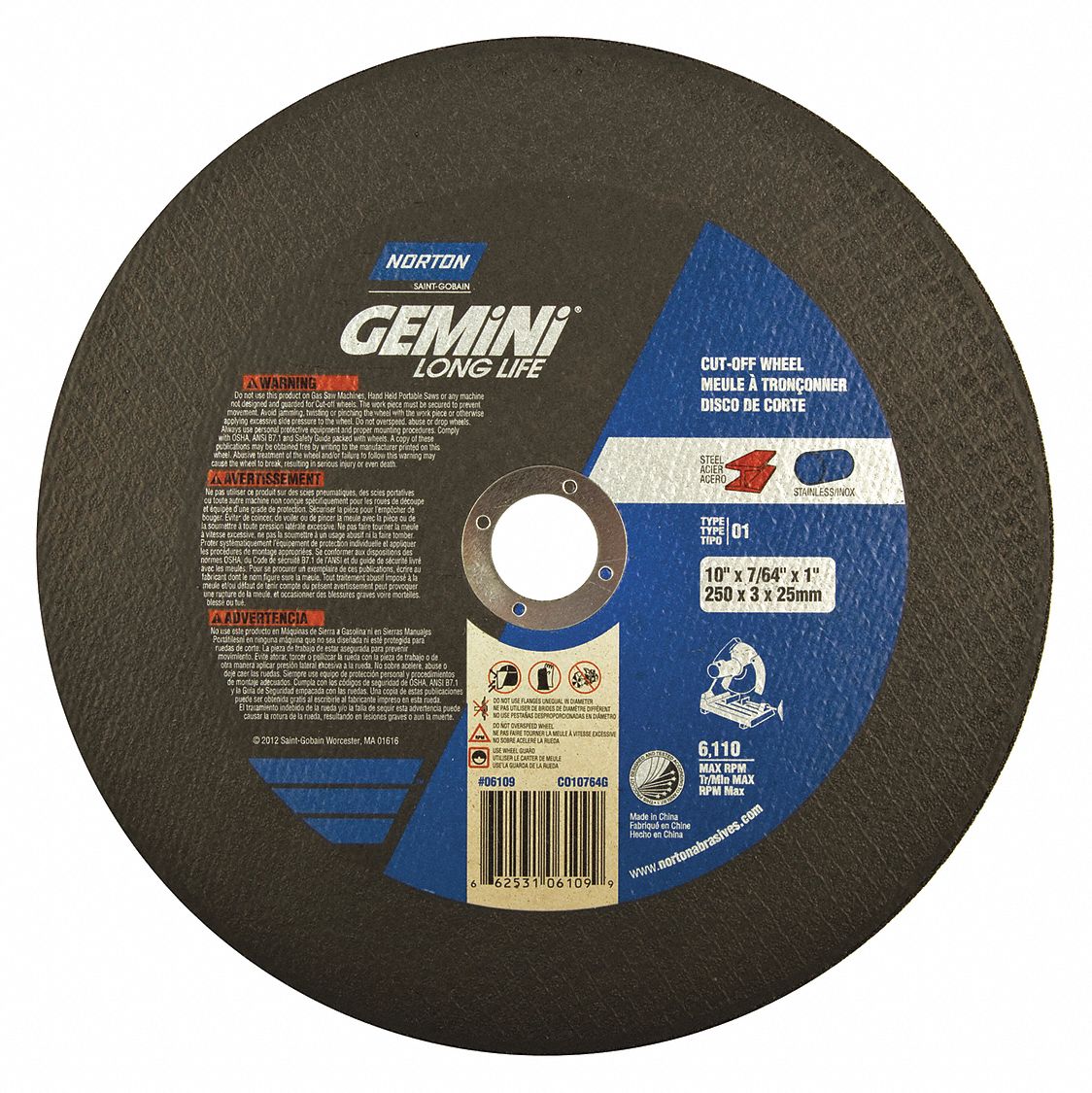 ABRASIVE CUT-OFF WHEEL, TYPE 1, 10 IN X 7/64 IN X 1 IN, ALUMINUM OXIDE, 36 GRIT, GEMINI LONG LIFE