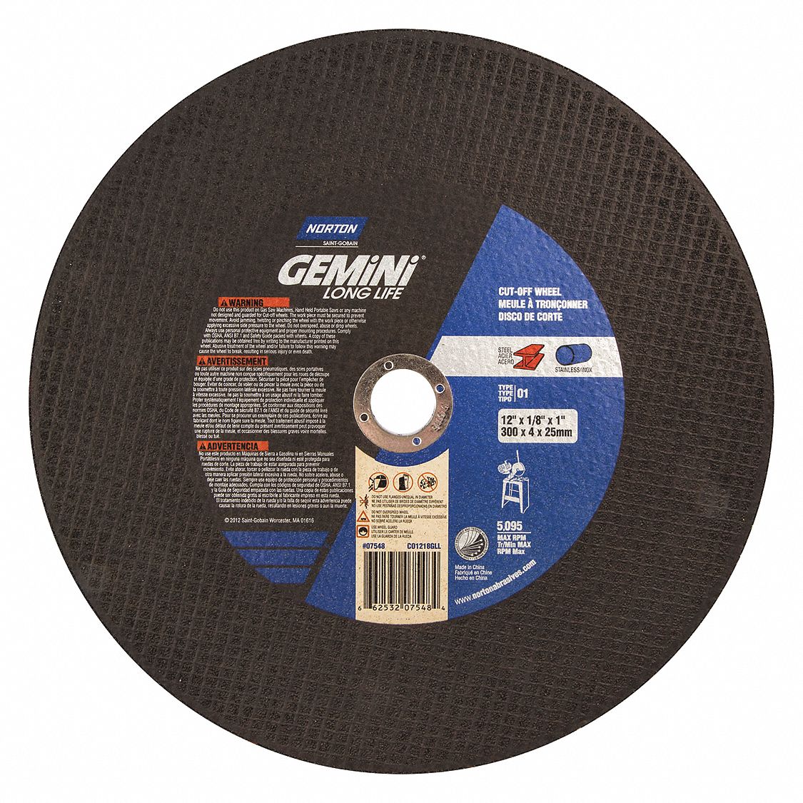 ABRASIVE CUT-OFF WHEEL, TYPE 1, 12 IN X 1/8 IN X 1 IN, ALUMINUM OXIDE, 24 GRIT, GEMINI LONG LIFE