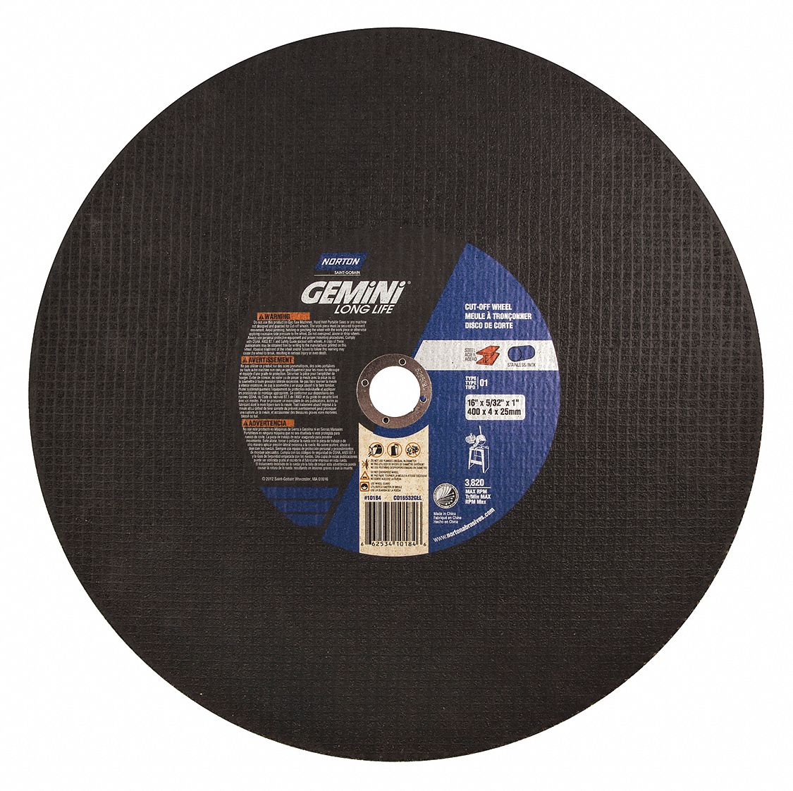ABRASIVE CUT-OFF WHEEL, TYPE 1, 16 IN X 5/32 IN X 1 IN, ALUMINUM OXIDE, 24 GRIT, GEMINI LONG LIFE