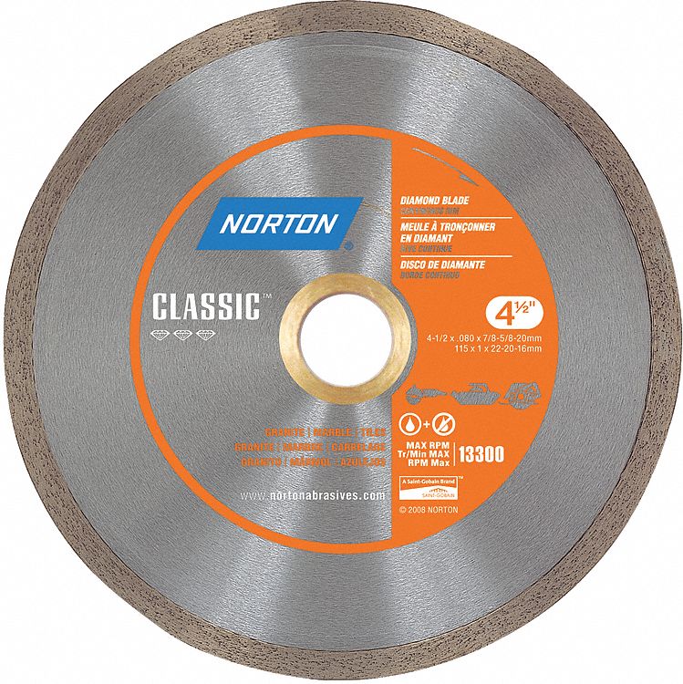 DIAMOND SAW BLADE, CONTINUOUS, 4½ IN, ⅝ TO⅞ IN/20 MM, DRY, 13300 RPM, CERAMIC TILE