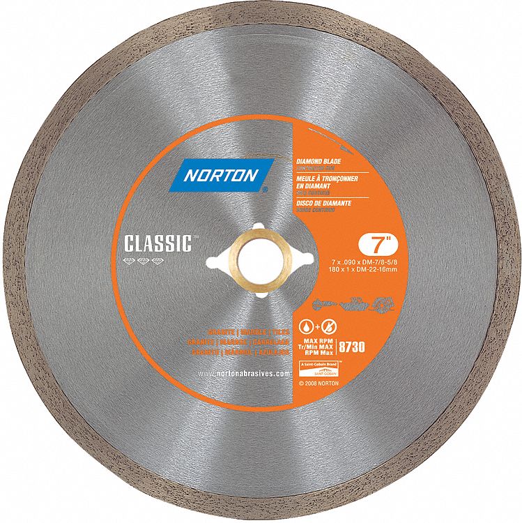 DIAMOND SAW BLADE, CONTINUOUS, 10 IN, ⅝ IN, WET, 6115 RPM, TILE/MARBLE