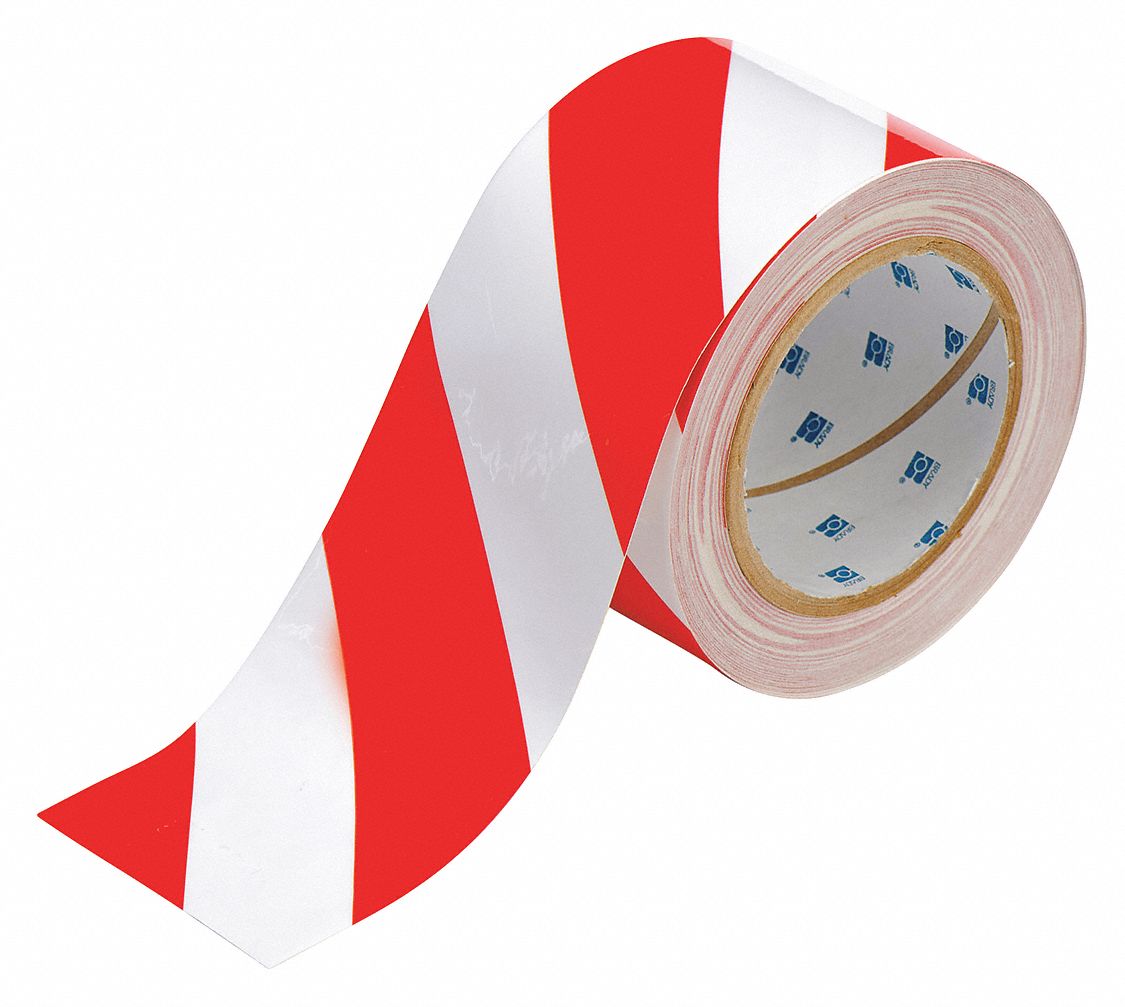 FLOOR MARKING TAPE, GENERAL PURPOSE, STRIPED, RED/WHITE, 3 IN X 100 FT, 8 MIL THICKNESS