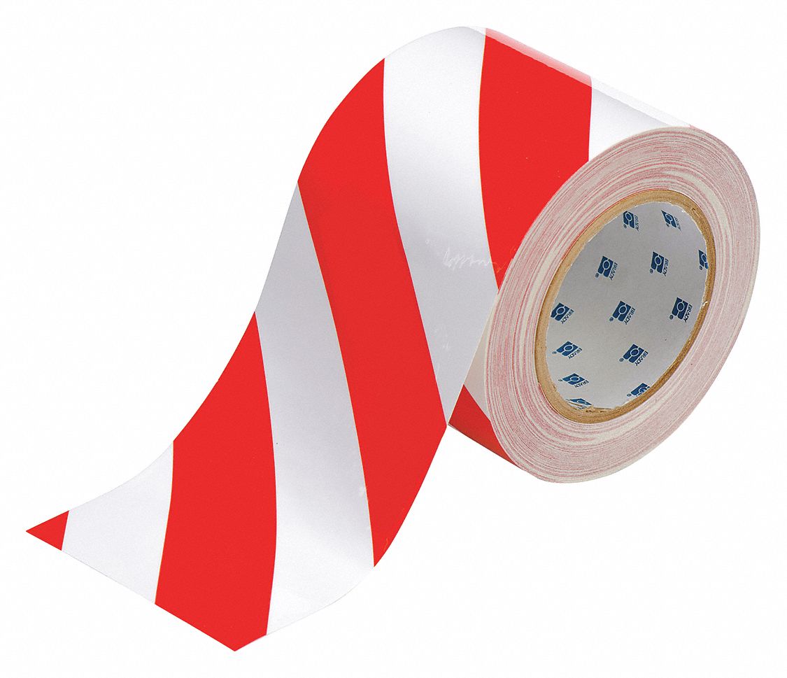 Floor Marking Tape: Gen Purpose, Striped, Red/White, 4 in x 100 ft, 8 mil Tape Thick