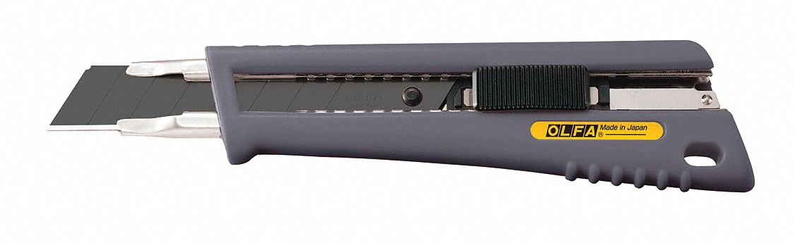 UTILITY KNIFE, GREY, 18 MM BLADE, 6.69 X 1.57 IN, 0.94 IN THICK, RUBBER/STAINLESS STEEL