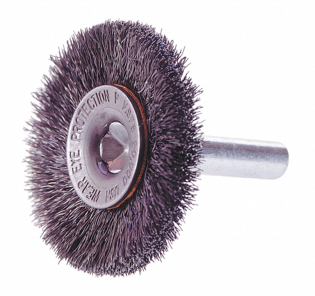 WHEEL BRUSH, WIRE, CRIMPED, 25000 MAX RPM, 1/4 IN SHANK, 2 1/2 IN BRUSH DIA/0.02 IN WIRE DIA