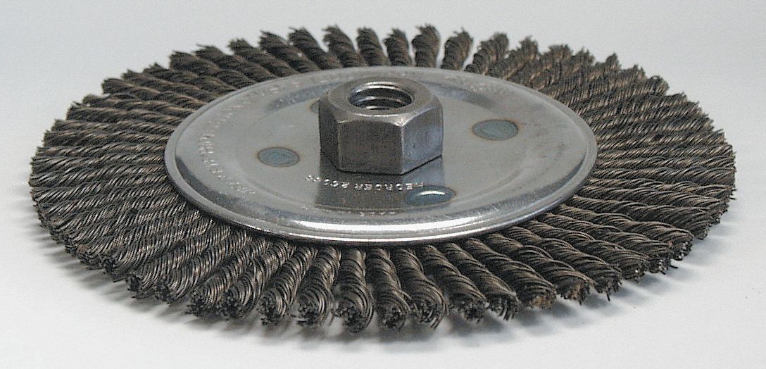 WHEEL BRUSH, WIRE, KNOTTED, STRINGER BEAD, 5/8"-11, 6 IN BRUSH DIA/0.02 IN WIRE DIA, STAINLESS STEEL