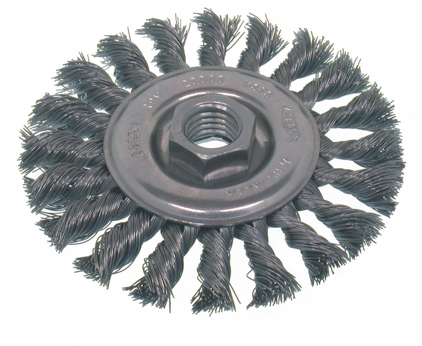 WHEEL BRUSH, WIRE, KNOTTED, HIGH-SPEED, SMALL, ARBOR MOUNT, 5 IN BRUSH DIA/0.02 IN WIRE DIA