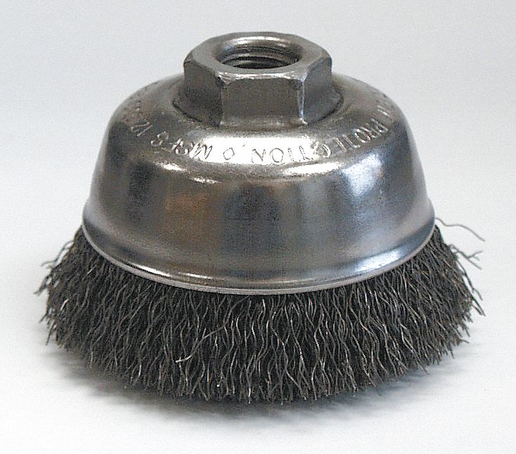 TWIST WIRE CUP BRUSH, 12500 RPM, THREADED ARBOR, 3 1/2 IN, 0.02 IN WIRE, CARBON STEEL