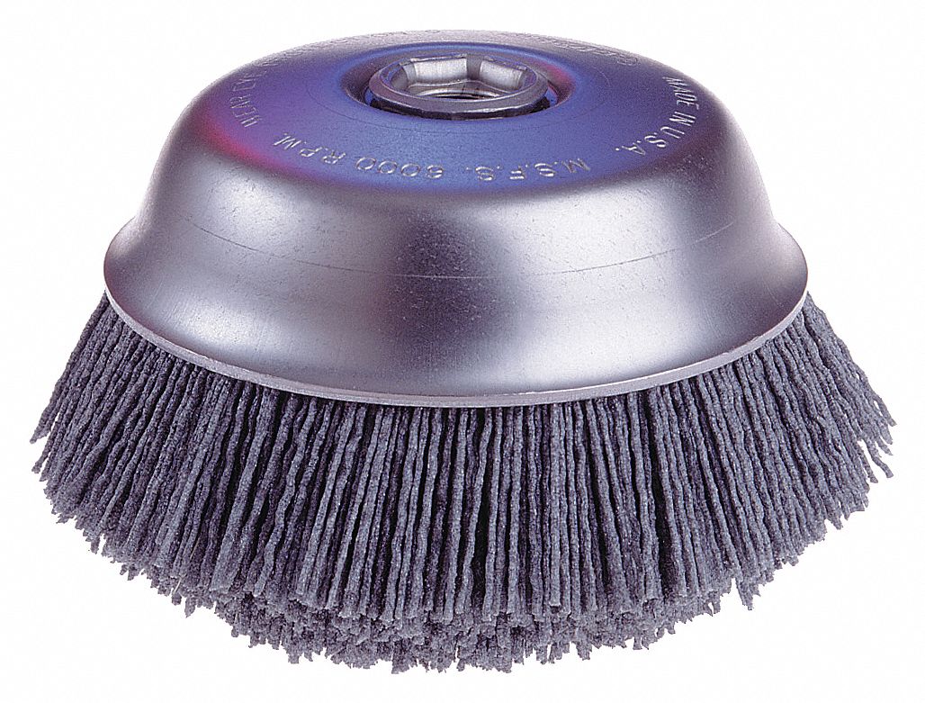ROUND TRIM CUP BRUSH, 6000 RPM, THREADED ARBOR, 6 IN, 0.022 IN WIRE, NYLON
