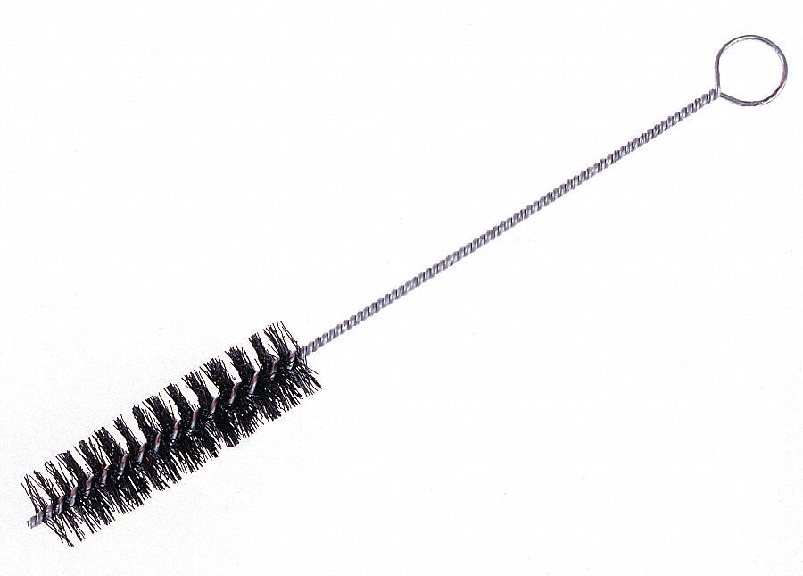 TUBE BRUSH, TWISTED WIRE, BLK BRISTLES, 6 1/4 IN OAL/4 1/2 IN BRUSH L/1/4 IN DIA, NYLON/GALVANIZED