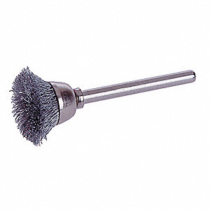 MINI WIRE CUP BRUSH, 25000 RPM, SHANK, 9/16 IN, 0.005 WIRE, STAINLESS STEEL