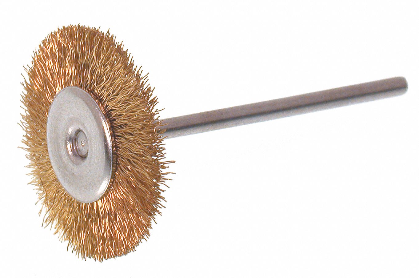 WHEEL BRUSH, WIRE, MINI, RADIAL, STEM MOUNT, 1 IN BRUSH DIA/0.003 IN WIRE DIA, BRASS