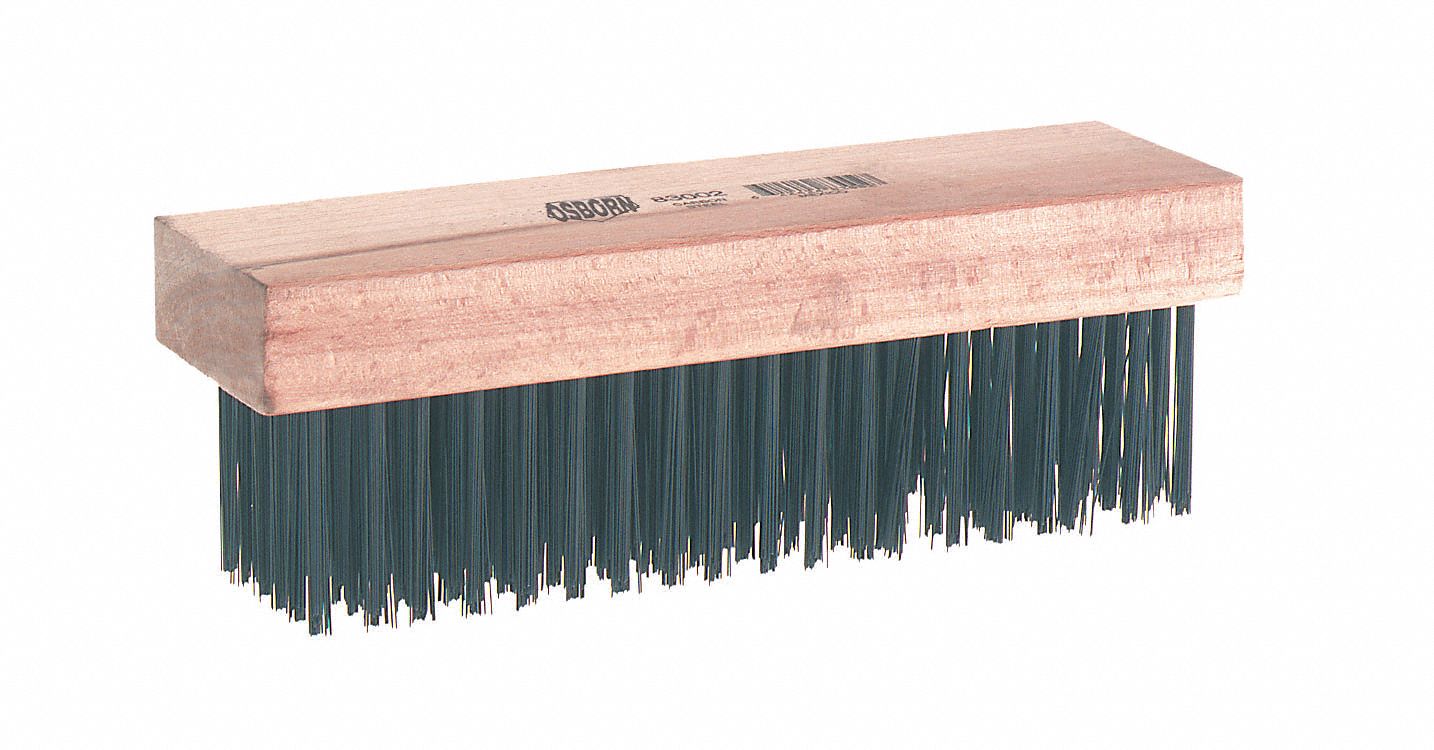 SCRATCH BRUSH, STRAIGHT BACK, 6 X 19 ROWS, 7 1/4 X 2 1/4 IN, 1 5/8 IN TRIM, STEEL/WOOD