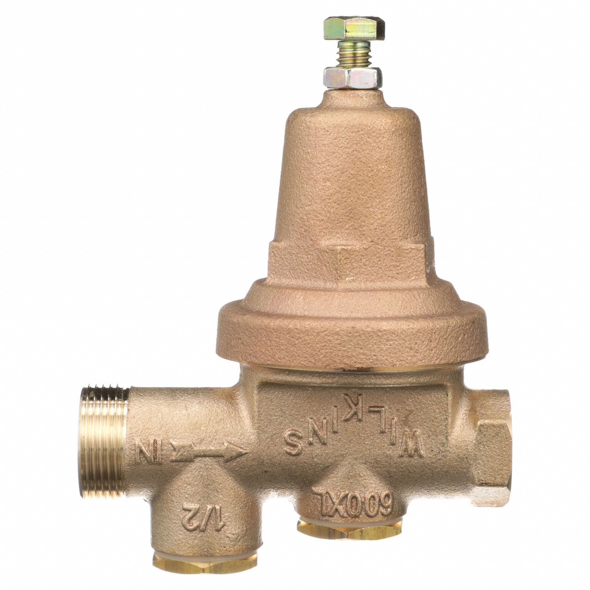 Water Pressure Reducing Valve: FNPT x FNPT, 1/2 in Pipe Size, Cast Bronze, 25 psi to 75 psi