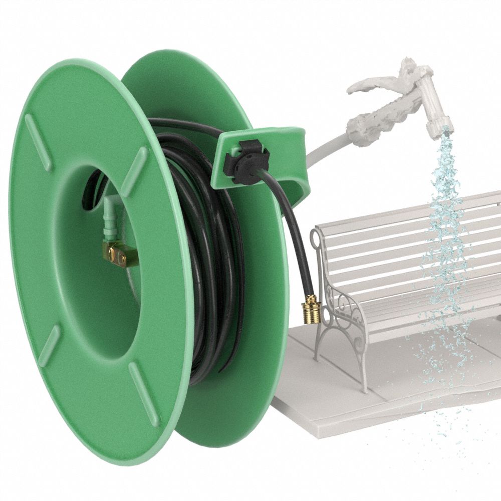 Spring Return Hose Reel: 25 ft (3/4 in I.D.), 3/4 in MNPT, 210 psi Max Op  Pressure, Includes Hose