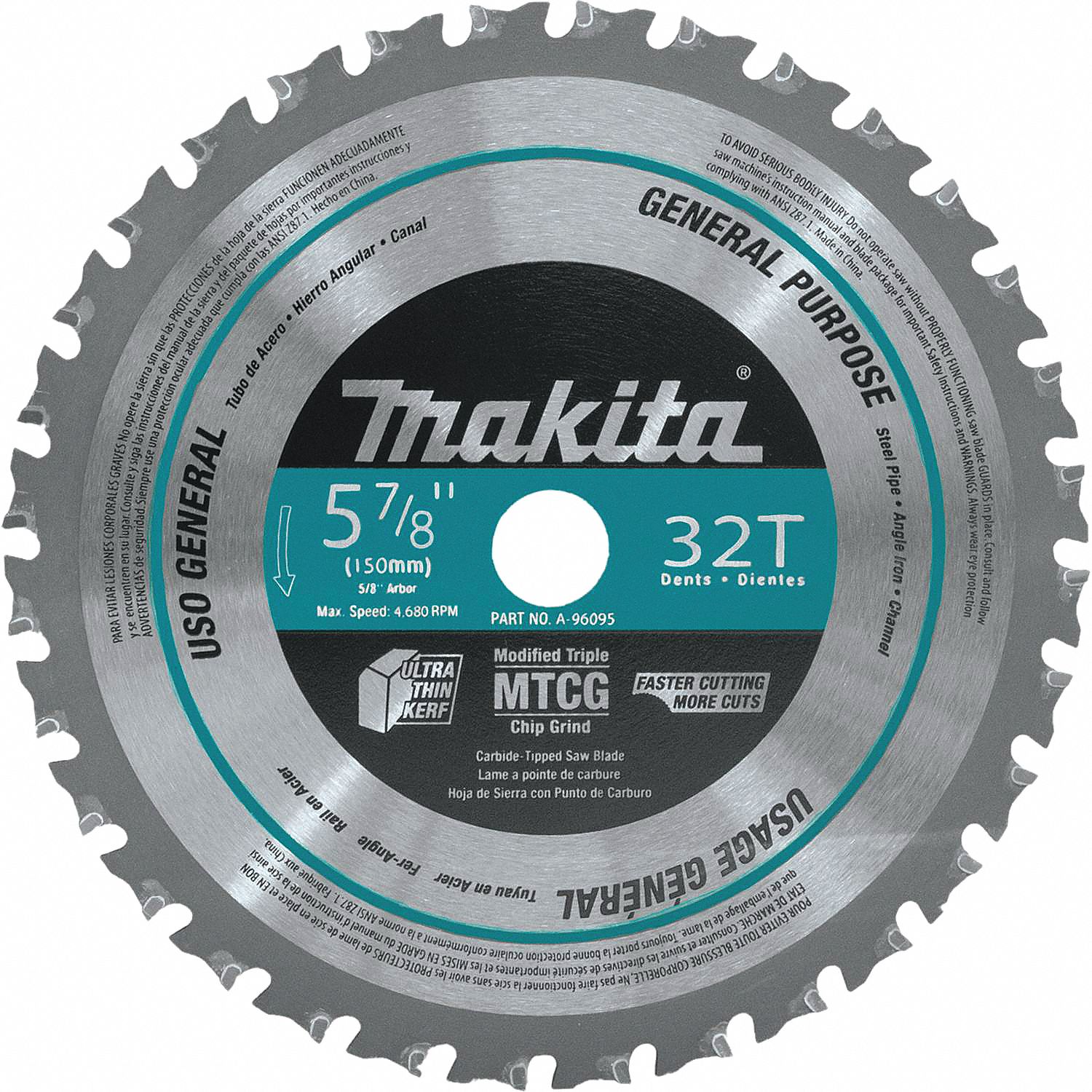 Circular Saw Blade: 5 7/8 in Blade Dia., 32 Teeth, 0.06 in Cut Wd, 5/8 in Arbor Size, Carbide