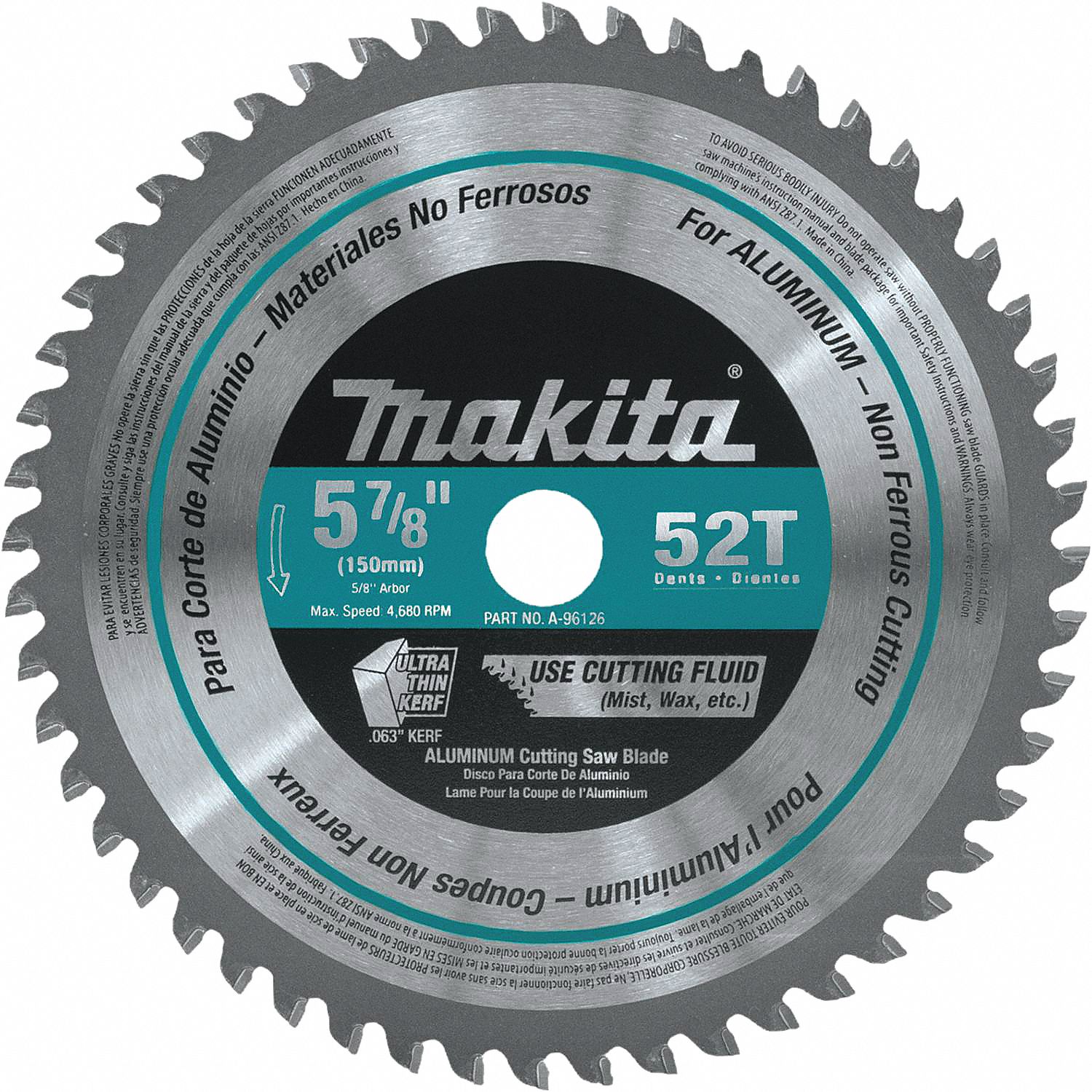 Circular Saw Blade: 5 7/8 in Blade Dia., 52 Teeth, 0.06 in Cut Wd, 5/8 in Arbor Size, Carbide