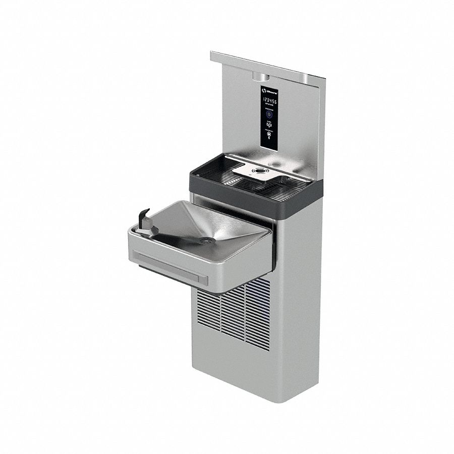 Drinking Fountain: On-Wall, 8 gph @ 50°F, Push Bar Fountain & Touchless Bottle Filter, Silver