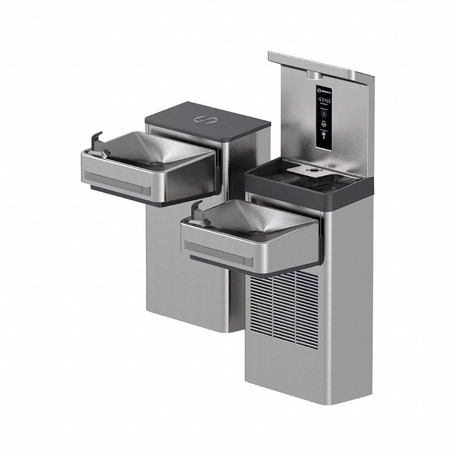 Drinking Fountain: On-Wall, 8 gph @ 50°F, Push Bar Fountain & Touchless Bottle Filter, Silver