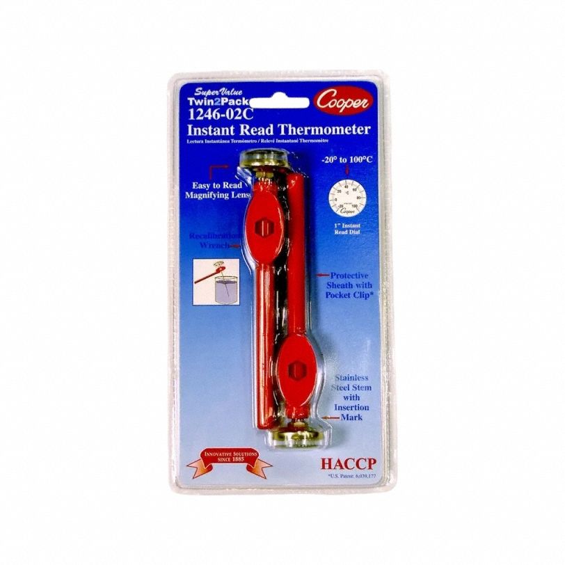 COOPER Pocket Test Thermometer: -20°C to 100°C, +/- 2°F (+/- 1°C), 5 in Stem Lg, Celsius (MPN 1246-02C-1). Key specifications — attr1280785: Celsius; attr1275298: +/- 2°F (+/- 1°C); attr1275296: COOPER.