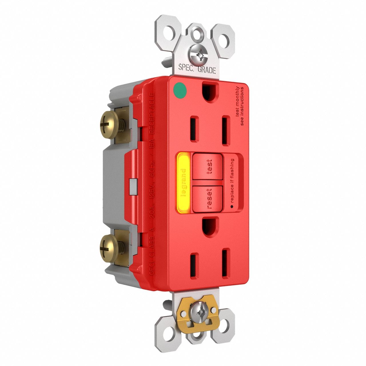 LEGRAND GFCI: Hospital Grade, Duplex, 5-15R, Red, GFCI, 125V AC, 15 A, 2 Pole / 3 Wire (MPN 1597HGTRPIAMBRED)