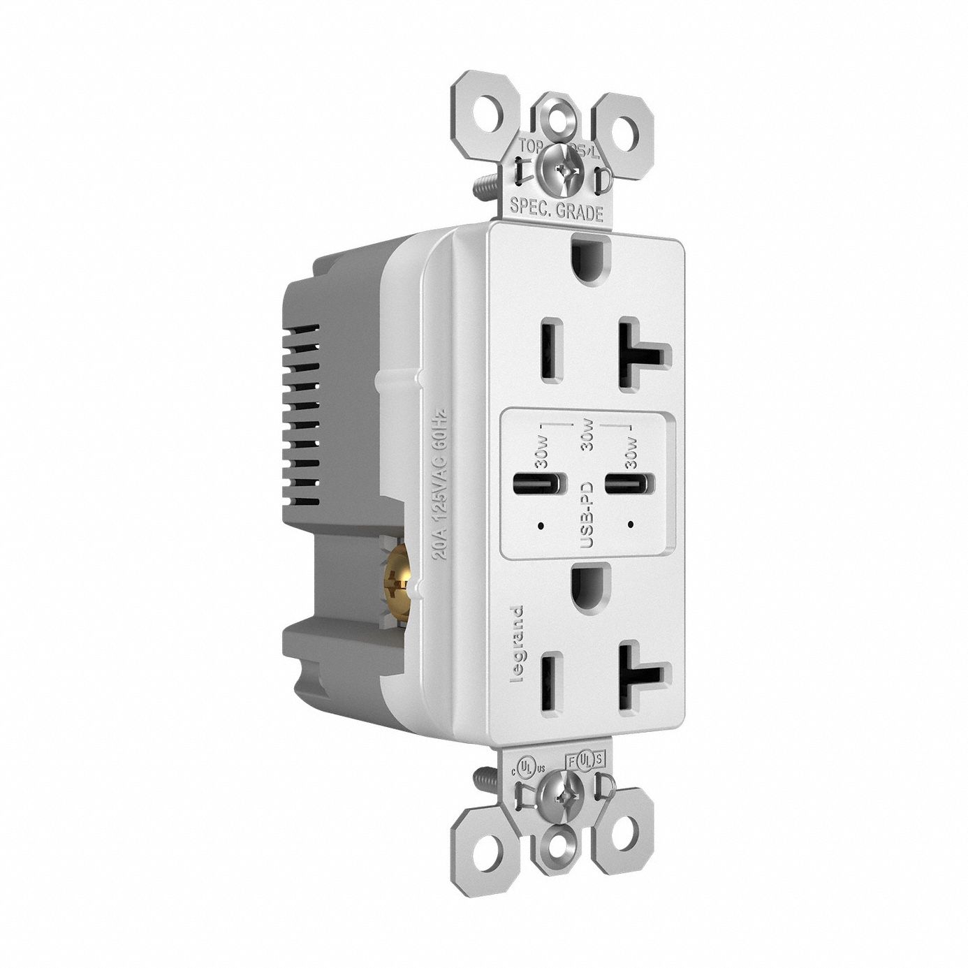 USB Receptacle: Decorator Duplex, 5-15R, 20 A, 125V AC, White, 2 USB Ports, C USB Connection Type