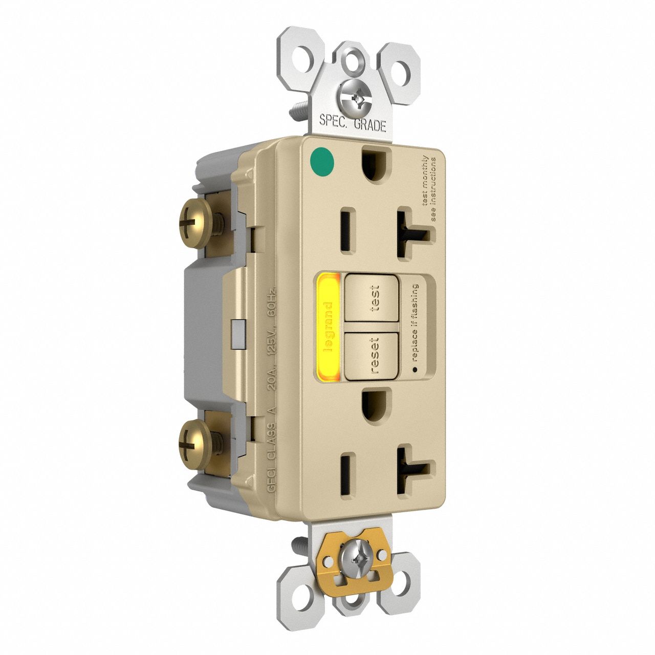 LEGRAND GFCI: Hospital Grade, Duplex, 5-20R, Ivory, GFCI, 125V AC, 20 A, 2 Pole / 3 Wire (MPN 2097HGTRPIAMBI)