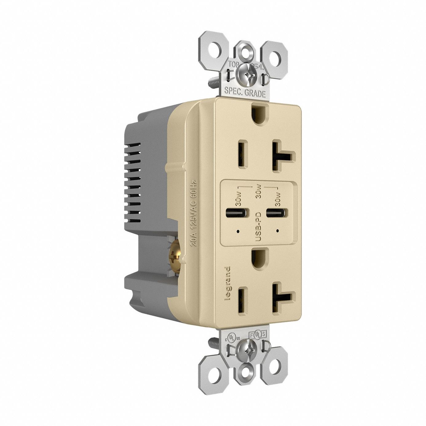 USB Receptacle: Decorator Duplex, 5-15R, 20 A, 125V AC, Ivory, 2 USB Ports, C USB Connection Type