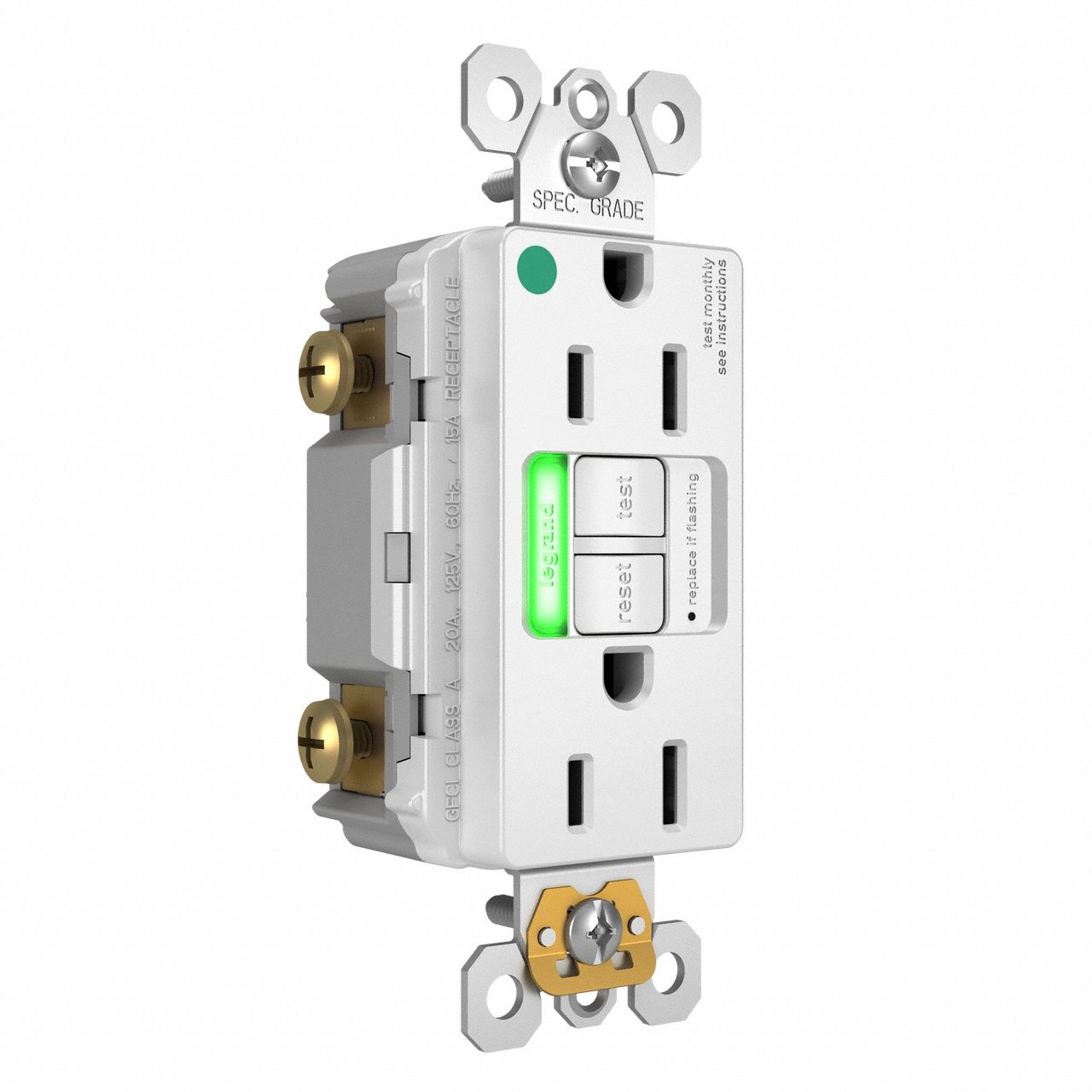 LEGRAND GFCI: Hospital Grade, Duplex, 5-15R, White, GFCI, 125V AC, 15 A, 2 Pole / 3 Wire (MPN 1597HGTRPIW)