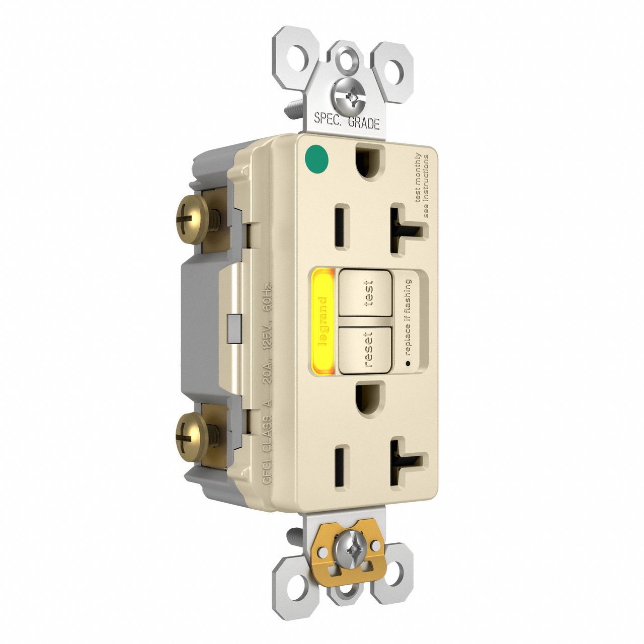 LEGRAND GFCI: Hospital Grade, Duplex, 5-20R, Light Almond, GFCI, 125V AC, 20 A, 2 Pole / 3 Wire (MPN 2097HGTRPIAMBLA)