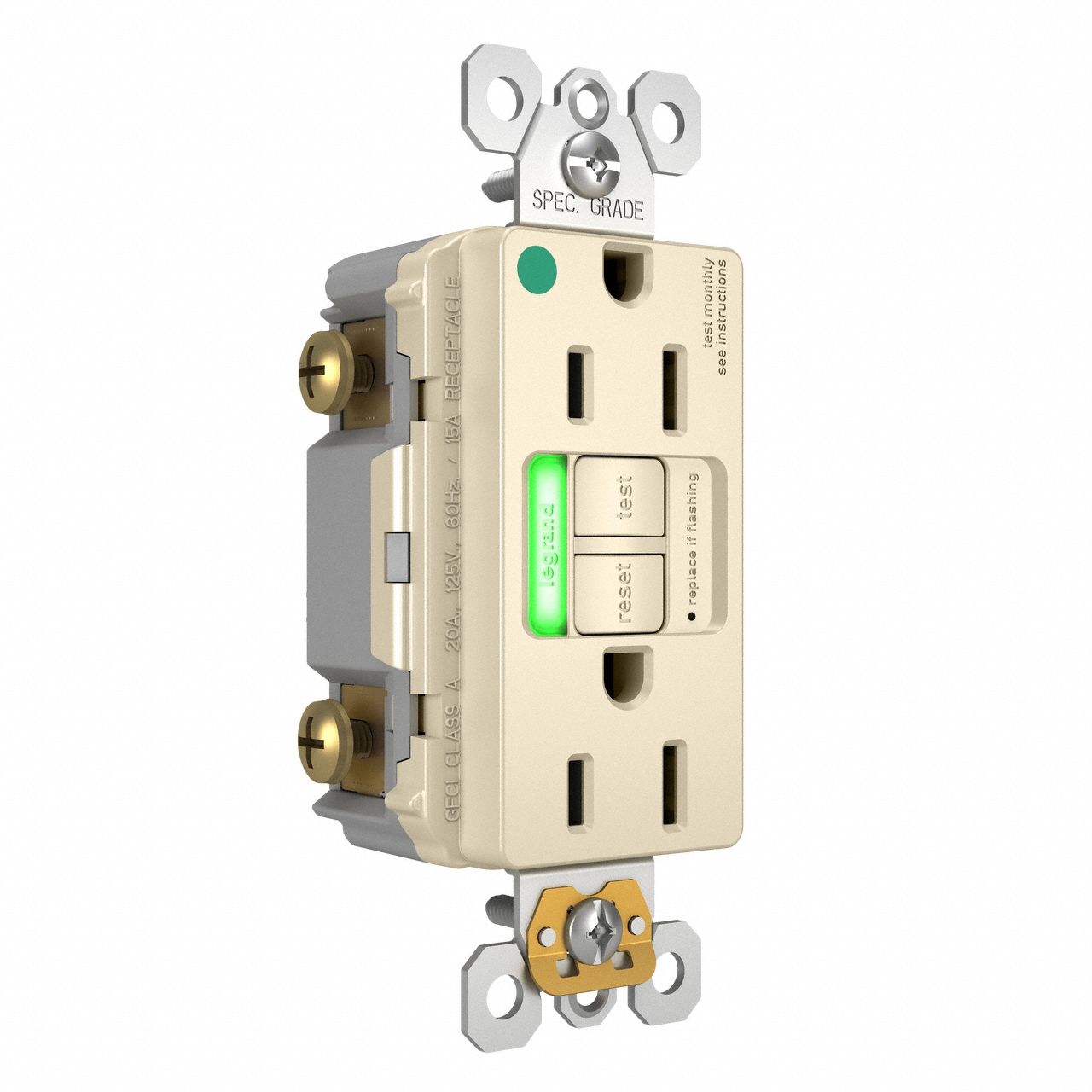 LEGRAND GFCI: Hospital Grade, Duplex, 5-15R, Light Almond, GFCI, 125V AC, 15 A, 2 Pole / 3 Wire (MPN 1597HGTRPILA)