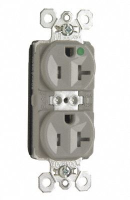 PASS & SEYMOUR Receptacle: Hospital Grade, Duplex, 5-20R, Gray, 125V AC, 20 A, 2 Pole / 3 Wire (MPN PTTR8300GRY). Key specifications — attr1367147: PASS & SEYMOUR.