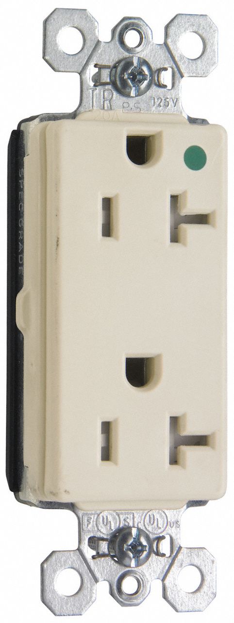 PASS & SEYMOUR Receptacle: Hospital Grade, Decorator Duplex, 5-20R, White, 125V AC, 20 A (MPN PTTR26362HGW). Key specifications — attr1367147: PASS & SEYMOUR.