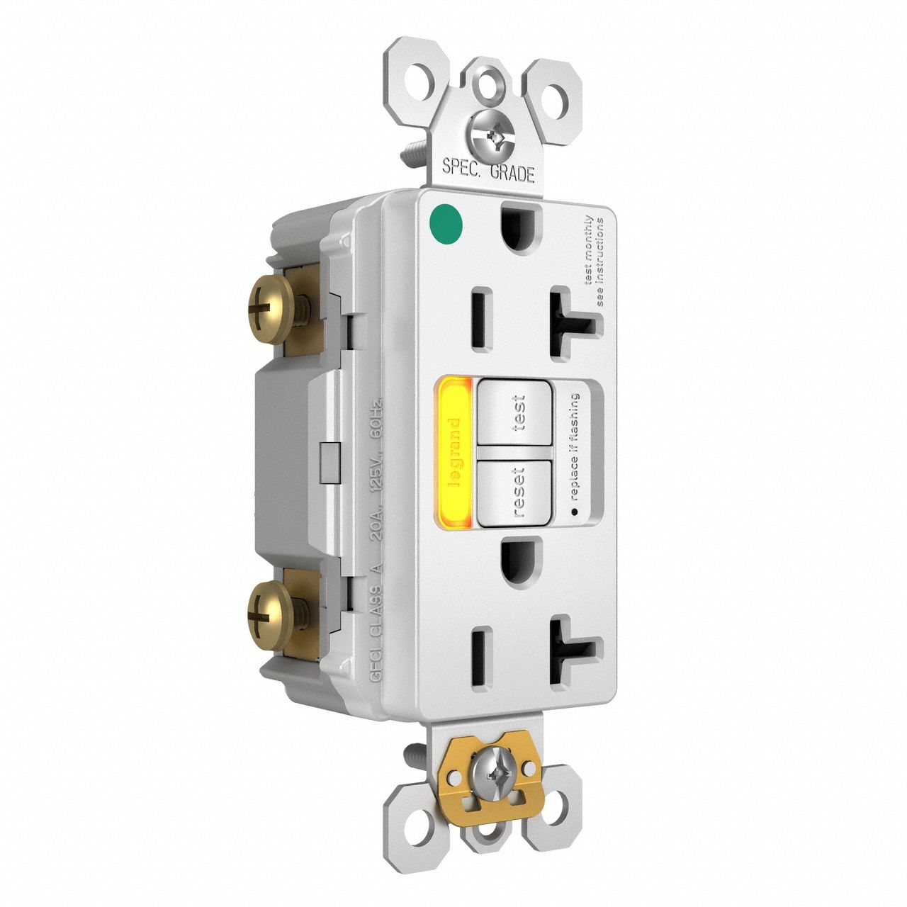LEGRAND GFCI: Hospital Grade, Duplex, 5-20R, White, GFCI, 125V AC, 20 A, 2 Pole / 3 Wire (MPN 2097HGTRPIAMBW)