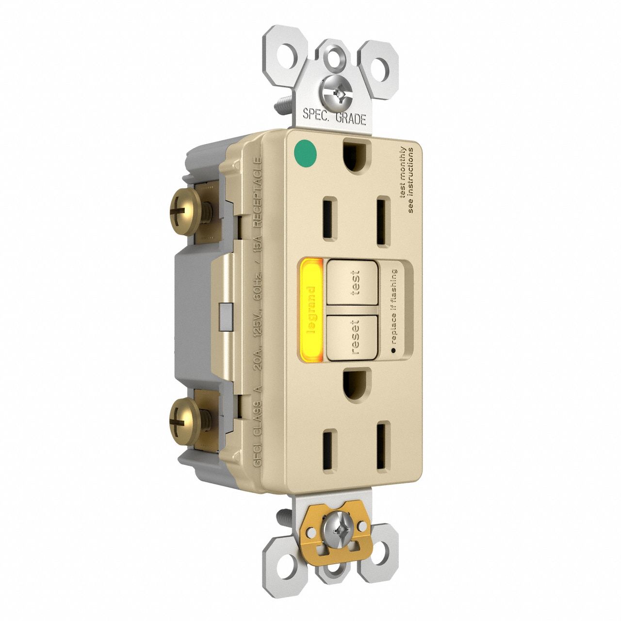 LEGRAND GFCI: Hospital Grade, Duplex, 5-15R, Ivory, GFCI, 125V AC, 15 A, 2 Pole / 3 Wire (MPN 1597HGTRPIAMBI)