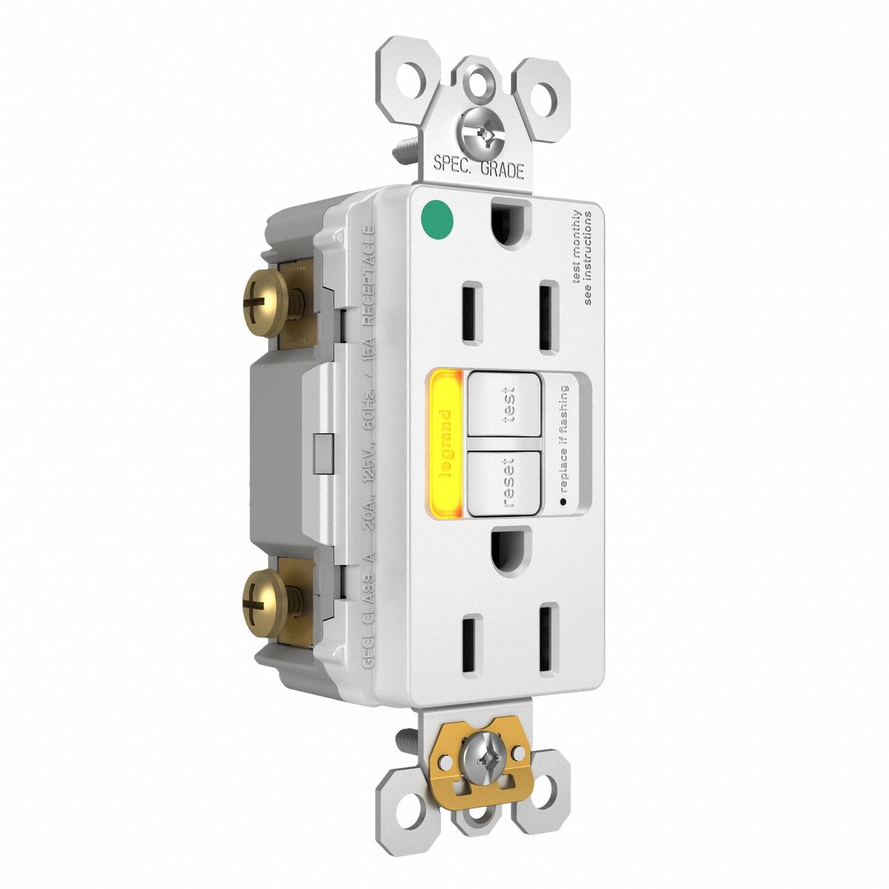 LEGRAND GFCI: Hospital Grade, Duplex, 5-15R, White, GFCI, 125V AC, 15 A, 2 Pole / 3 Wire (MPN 1597HGTRPIAMBW)