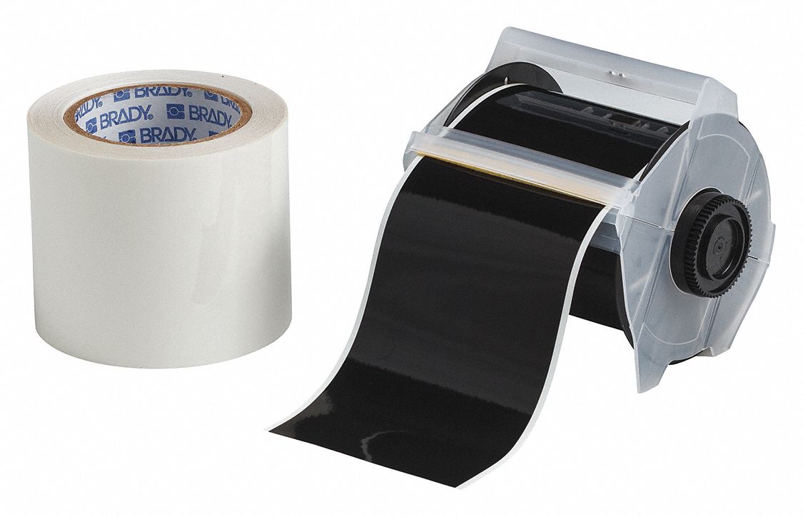 Continuous Label Stock: 4 in x 100 ft, Polyester With  Rubber  Adhesive, Black (Gloss)/Clear (Gloss)