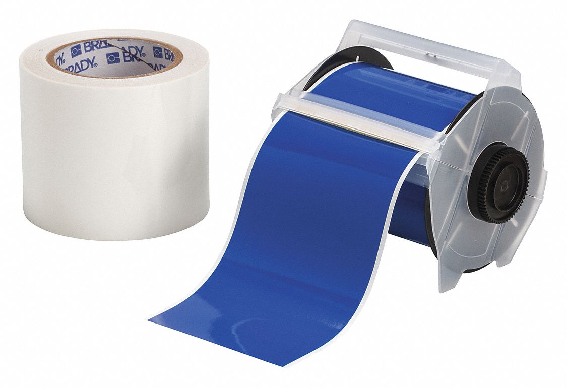 Continuous Label Stock: 4 in x 100 ft, Polyester With  Rubber  Adhesive, Blue (Gloss)/Clear (Gloss)