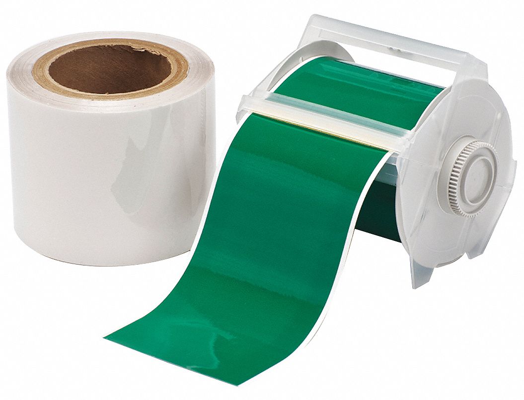 Continuous Label Stock: 4 in x 100 ft, Polyester With  Rubber  Adhesive, Clear (Gloss)/Green (Gloss)