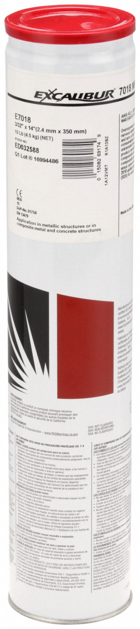 Stick Electrode: Carbon Steel, E7018 H4R, 3/32 in x 14 in, 10 lb, Excalibur 7018 MR