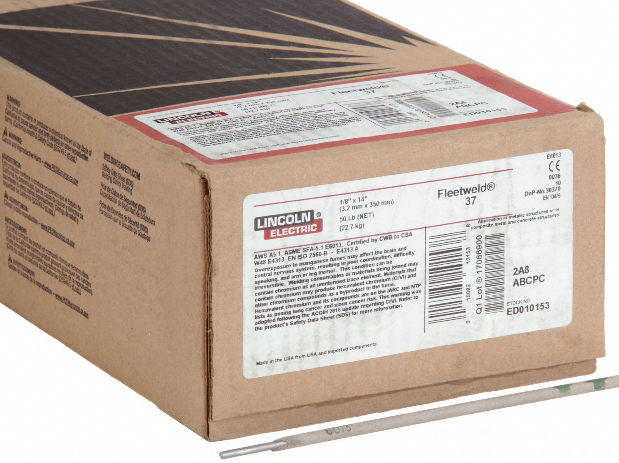 Stick Electrode: Carbon Steel, E6013, 1/8 in x 14 in, 50 lb, Fleetweld 37