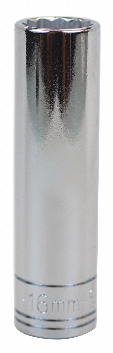 Socket: Metric, 1/2 in Drive Size, 16 mm Socket Size, 12-Point, Deep, Chrome