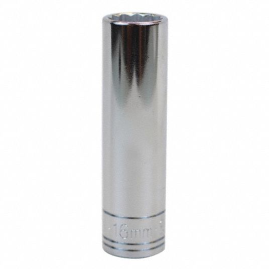 SK PROFESSIONAL TOOLS Socket: 1/2 in Drive Size, 16 mm Socket Size,  12-Point, Deep, Chrome