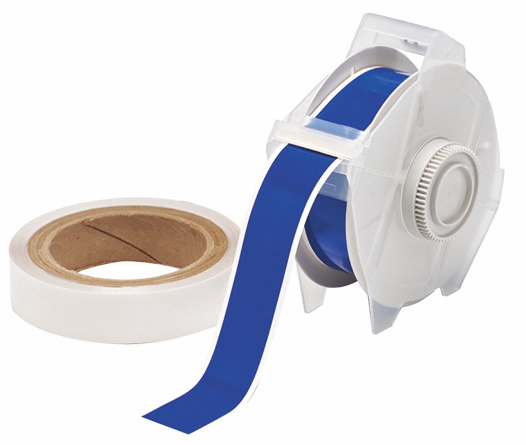 Continuous Label Stock: 1 1/8 in x 100 ft, Polyester With  Rubber  Adhesive, Blue (Gloss)