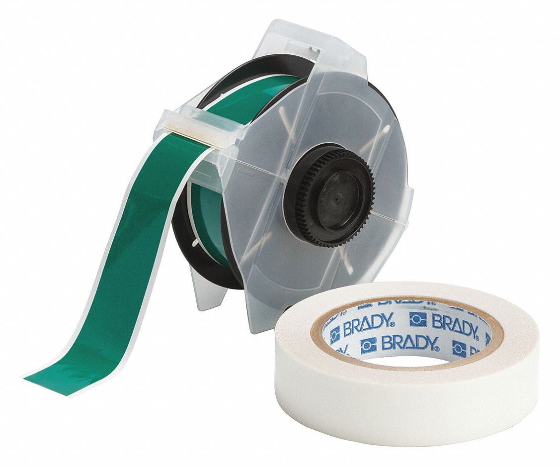 Continuous Label Stock: 1 1/8 in x 100 ft, Polyester With  Rubber  Adhesive, Green (Gloss)