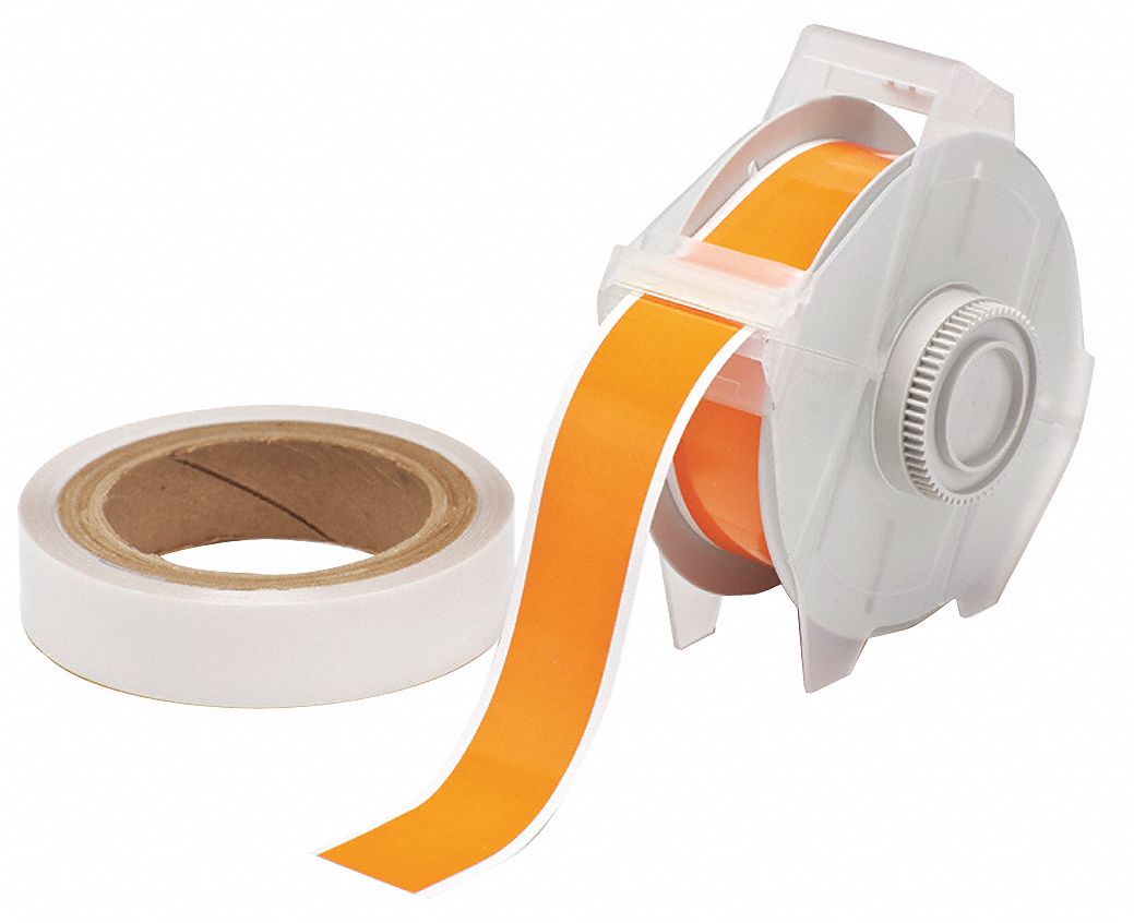 Continuous Label Stock: 1 1/8 in x 100 ft, Polyester With  Rubber  Adhesive, Orange (Gloss)