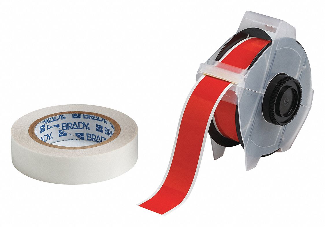 Continuous Label Stock: 1 1/8 in x 100 ft, Polyester With  Rubber  Adhesive, Red (Gloss)