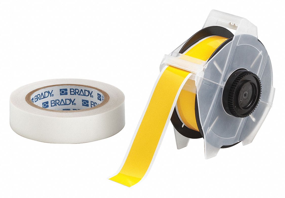 Continuous Label Stock: 1 1/8 in x 100 ft, Polyester With  Rubber  Adhesive, Yellow (Gloss)
