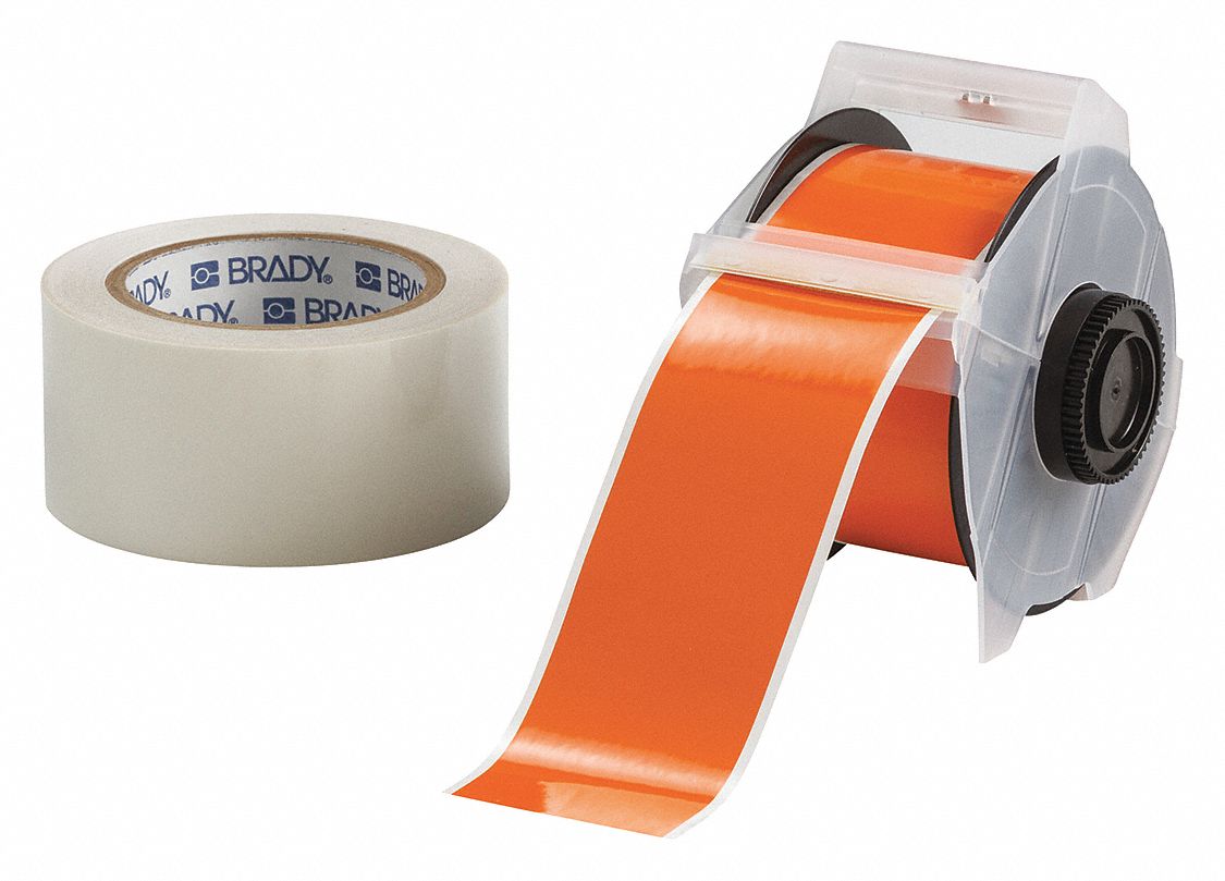 Continuous Label Stock: 2 1/4 in x 100 ft, Polyester With  Rubber  Adhesive, Orange (Gloss)