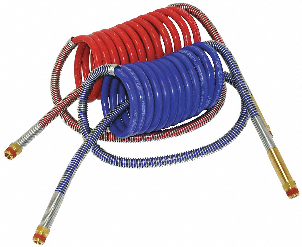 TUYAU D'ACCOUPLEMENT FREIN AIR COMPRIME ENROULÉ, ROUGE/BLEU, 12 PIX3/8X1/2PO, NYLON